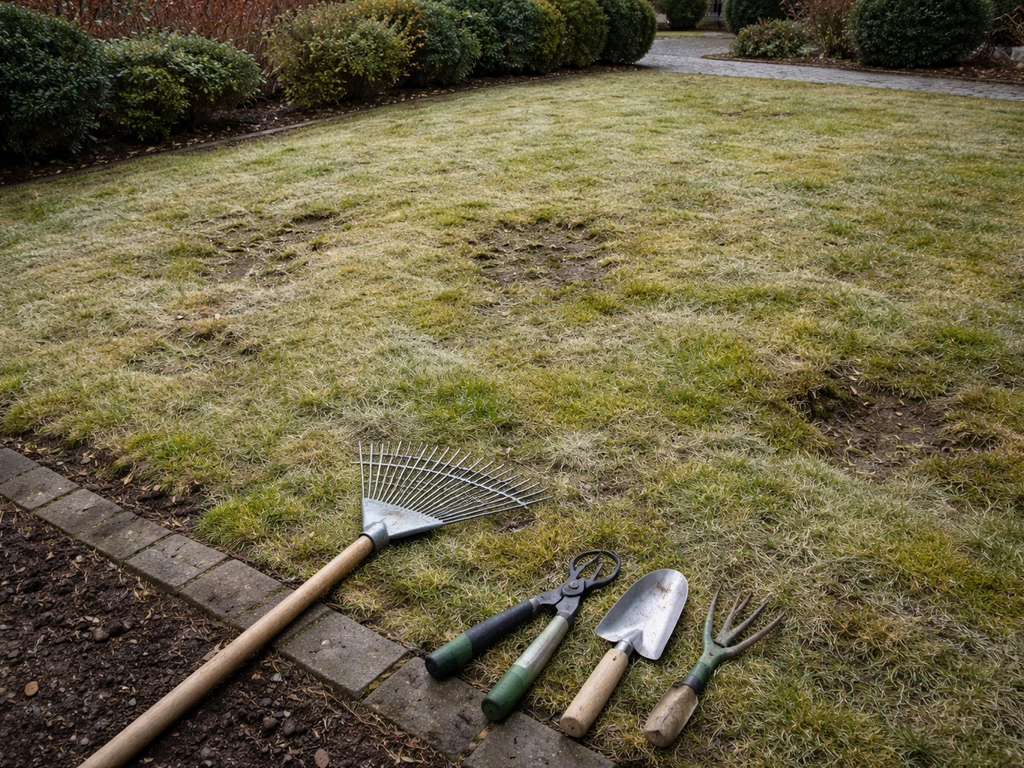 Nederlands gazon in februari met mos en lichte kale plekken, terwijl iemand met een hark het blad opruimt.