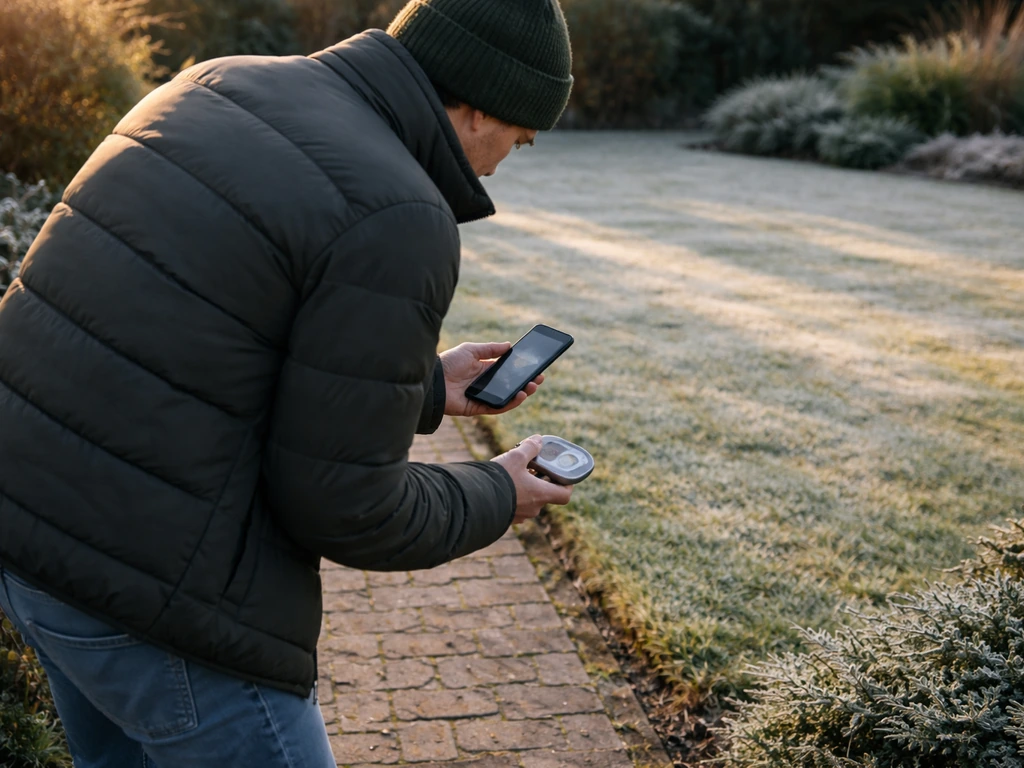 Anonieme tuinier checkt het weer met smartphone en thermometer bij rijp op het grasrandje.