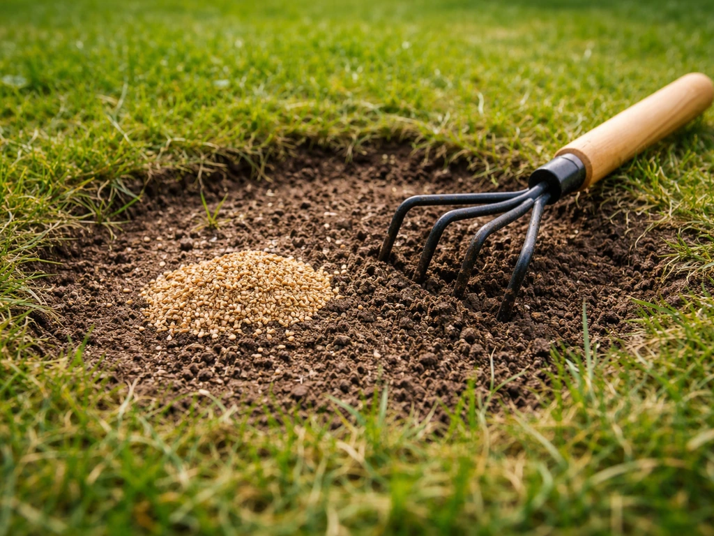 Close-up van een kale plek in het gazon met graszaad en ingewerkte aarde voor doorzaaien.