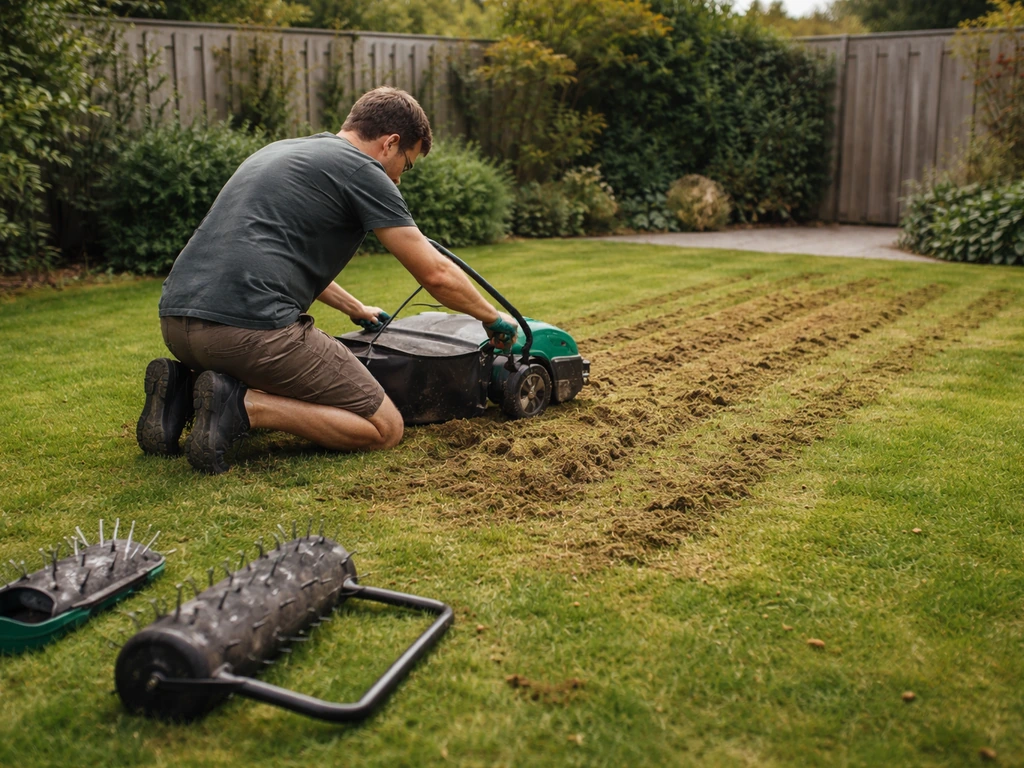 Tuinman bij gazon die verticuteert en daarna belucht, met zicht op vilt, mos en losgemaakte grond