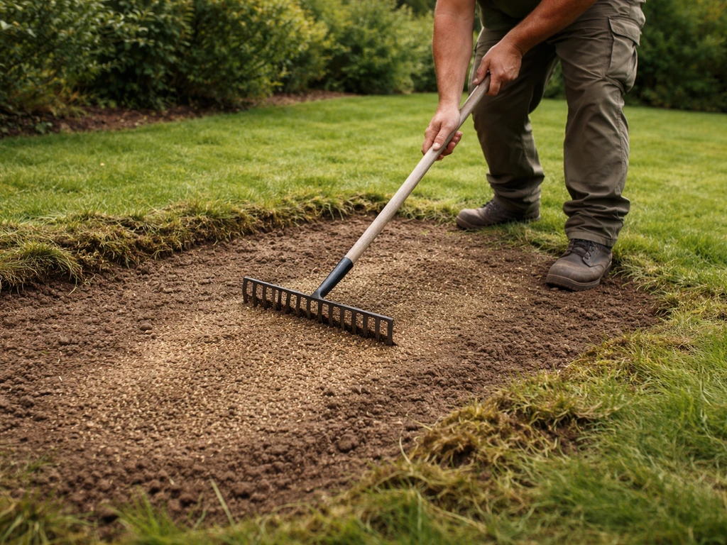 Kale plek in het gazon die in september wordt geëgaliseerd en ingezaaid in een rustige voortuin.