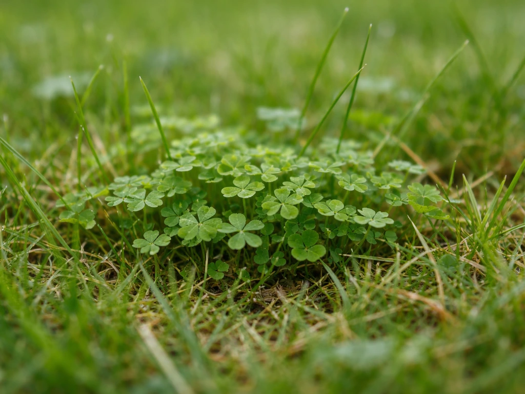 Close-up van microklaverblaadjes die tussen bestaand gazongras opkomen, met fijne grasstructuur in natuurlijke kleuren.