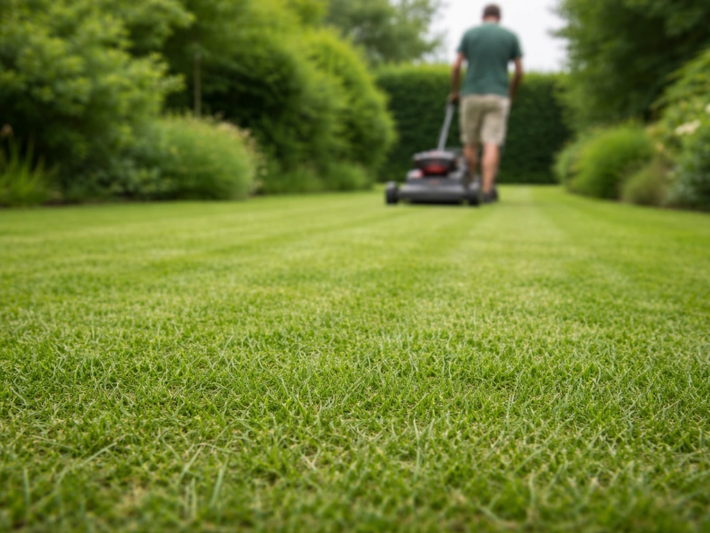 Anonieme tuinier maait een gazon tot 3–4 cm en haalt maaisel van het oppervlak weg.