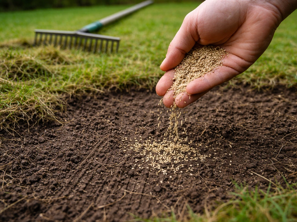 Hand die graszaad uitstrooit op een kleine kale plek, met lichte hark in donkere vochtige grond.