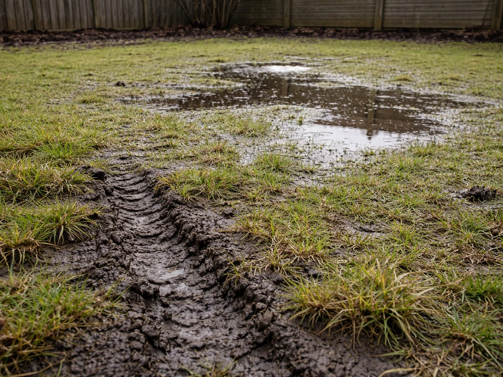 Natte, verdichte gazonplek in maart met sporen in de grond en donkere, doorweekte structuur.