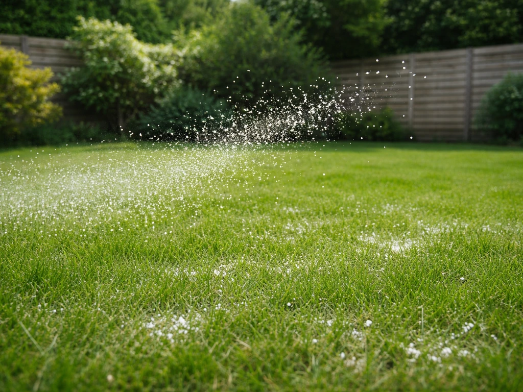 Groen gazon in een Nederlandse tuin terwijl witte kalkkorrels net worden gestrooid over het gras.