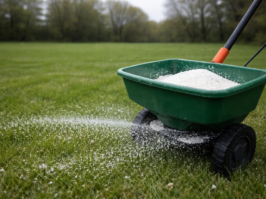 Windstille bewolkte tuin: kalk wordt met een strooier op het gazon gestrooid, met lichte regen in de lucht.