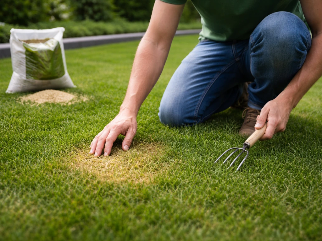 Iemand knielt op een gazon en inspecteert gele plekken, met een open zak graszaad op de achtergrond.