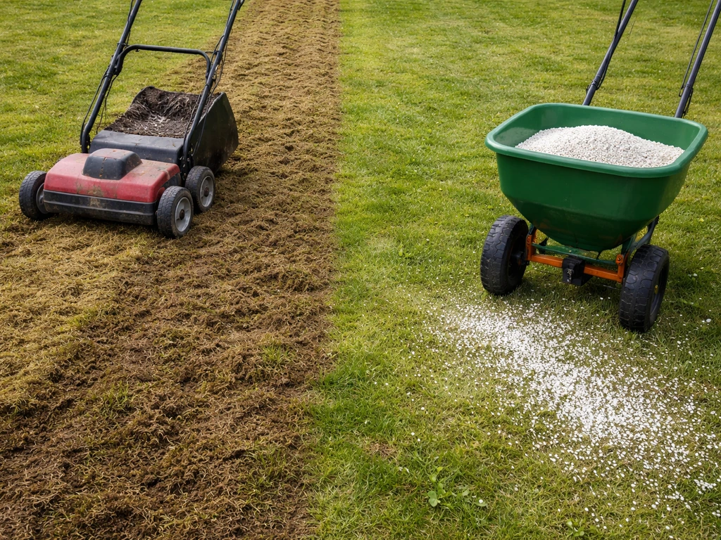 Verticuteermachine en kalkstrooier op een gazon met vilt/mos, klaar voor onderhoud in natuurlijk licht.