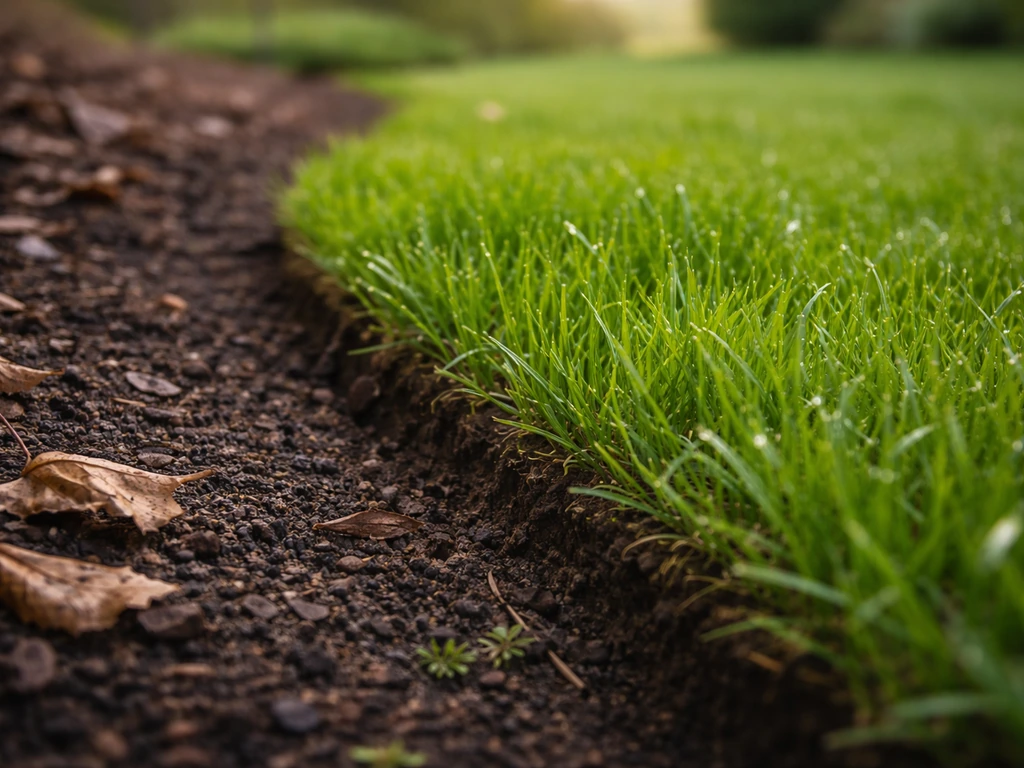 Verzorgde gazonrand met groene sprieten in het vroege voorjaar, frisse lentekleur en zachte natuurlijke sfeer.