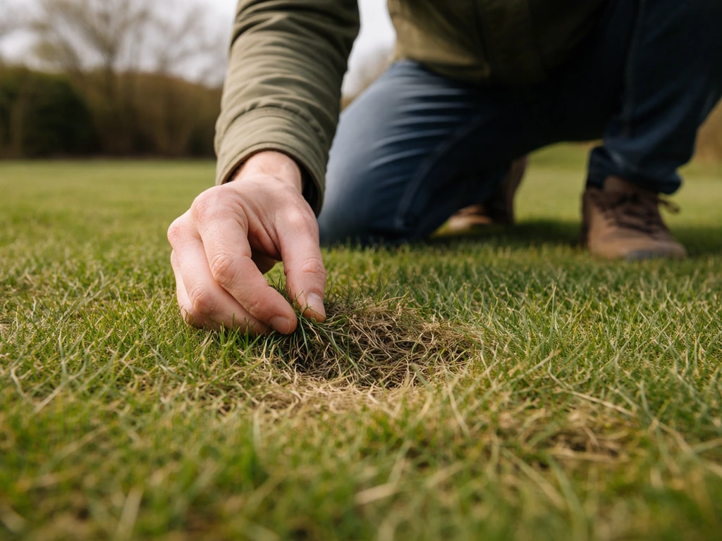 Iemand knielt in het gazon en controleert met de hand plukjes gras van dichtbij op vilt of mos.