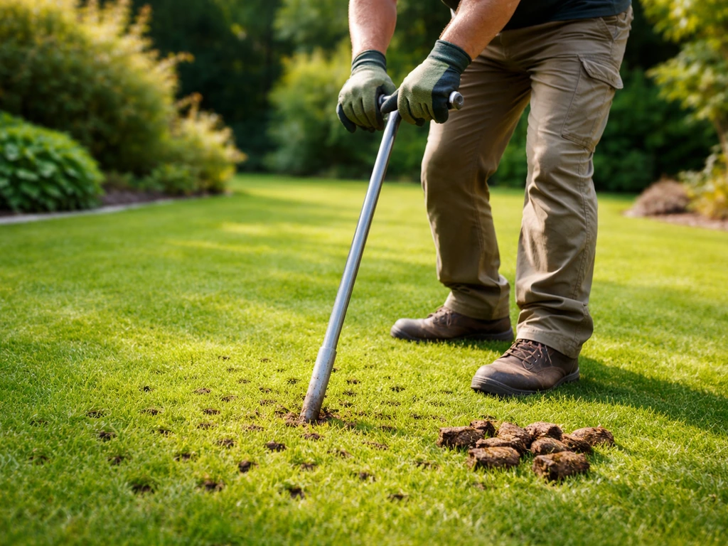 Tuinman belucht het gazon met een holle beluchtingspen; kleine grondplugjes en gaatjes in de bodem zichtbaar.