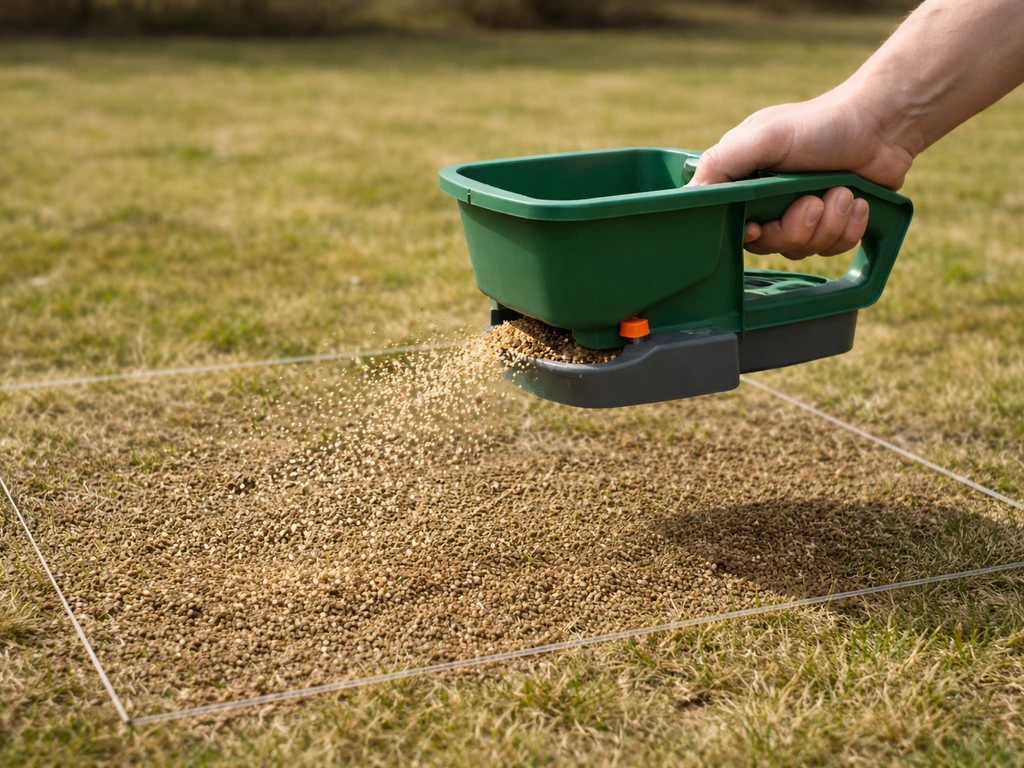 Handstrooier die in het voorjaar mestkorrels uitstrooit op een droog, stabiel gazon