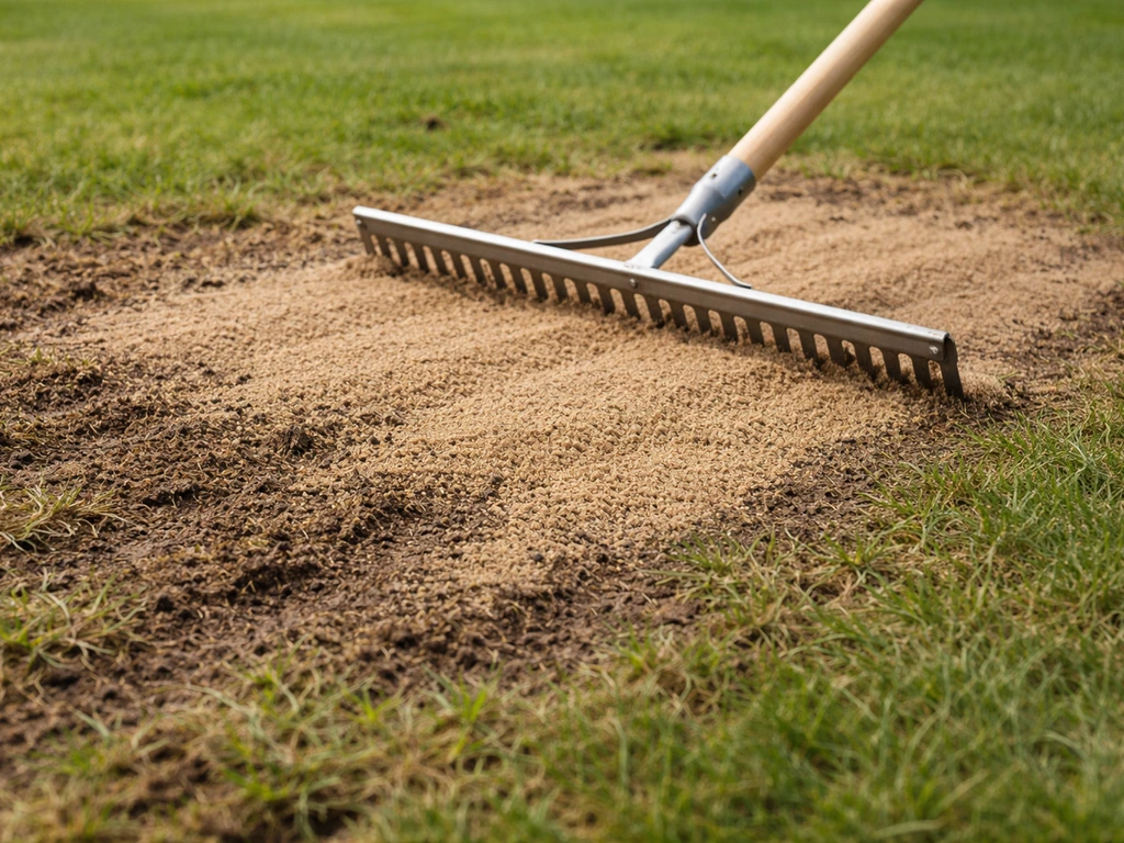 Hark met topdressing verspreid over een gazon met ongelijk oppervlak, vlakke grasmat in opbouw