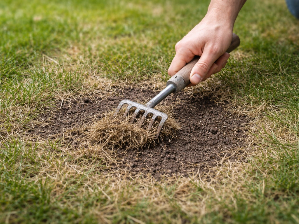 Hand schraapt vilt en dood gras weg uit een kale plek in de tuin, klaar voor inzaaien.