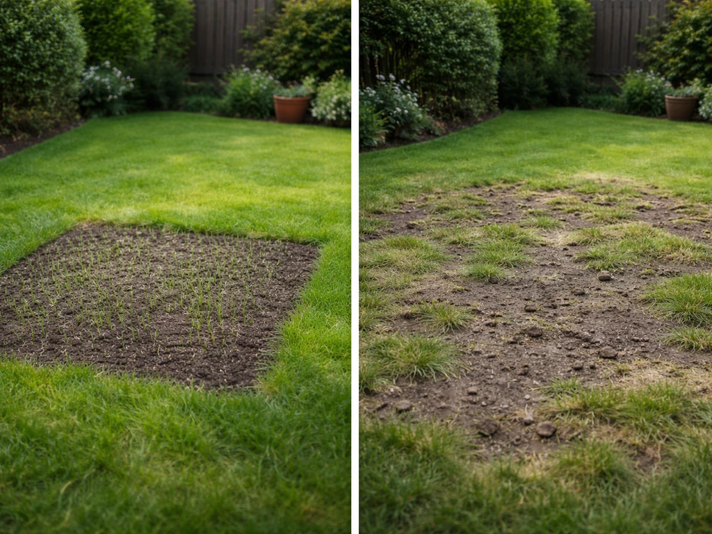Gesplitste foto: klein ingezaaid graslapje naast groter, ernstig aangetast gazonstuk in een tuin.