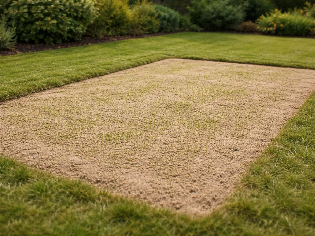 Nederlandse tuin met egaliserend zand en ingezaaid gazonbed, zichtbaar herstellend kiem-effect.