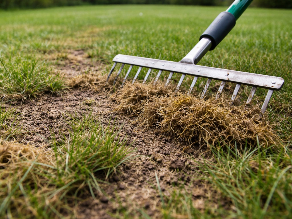 Close-up van een gazon met kale plekken en mos, terwijl los dood gras met een hark wordt verwijderd.