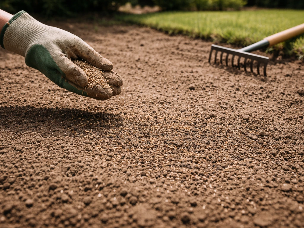 Graszaad dat net wordt afgedekt in een ingezaaide tuinbodem, met lichte husseling en zichtbare diepte