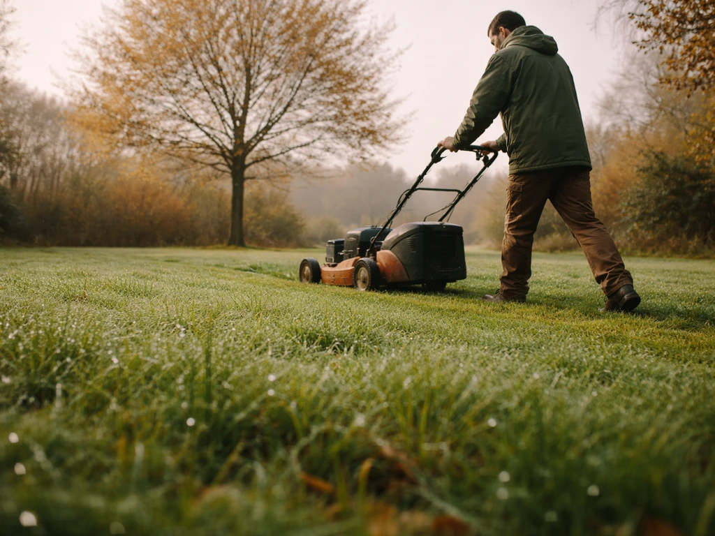 Herfstige grasmaaier in nat, dauwig gras in een rustige tuin bij natuurlicht
