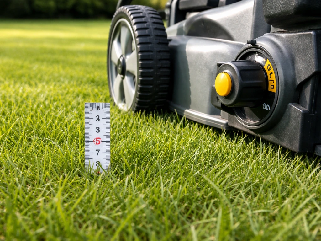 Close-up van grasmaaierhoogte met meetreferentie naast het gras, rond 5 cm.