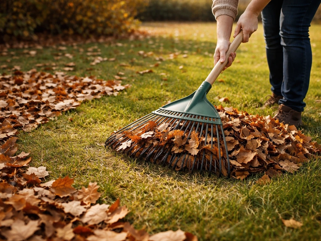 Herfstbladeren die van een gazon worden verwijderd, met zichtbaar gras eronder en een bladruimer in het beeld.