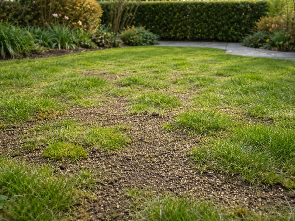 Voorjaarstuin met herstellend gazon: mos en dunne plekken met jonge grasscheuten na werkzaamheden.
