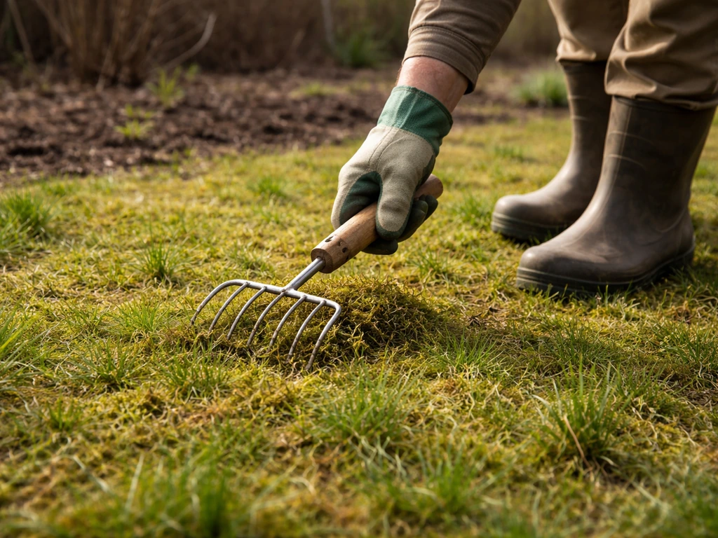 Tuinier die in het vroege voorjaar met een handhark mos en vering van de zode op het gazon controleert
