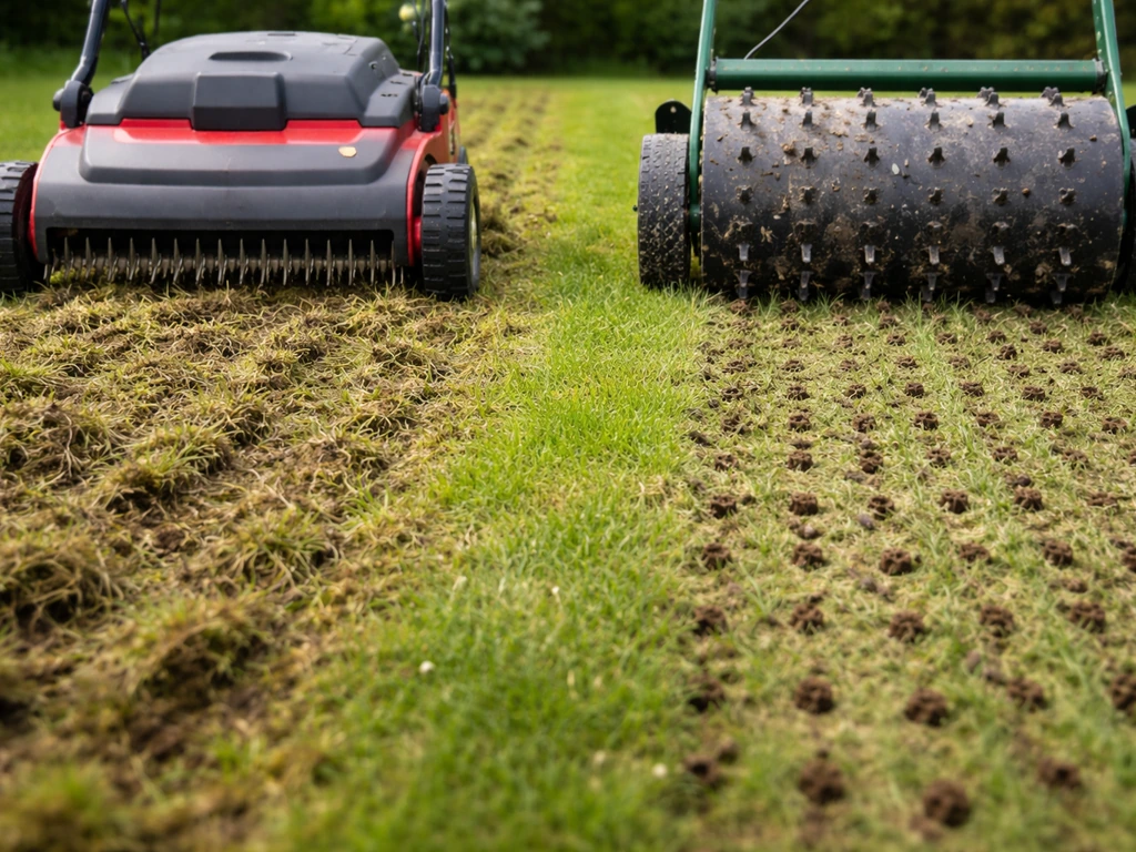 Verticuteermachine en steekbeluchtingswals maken snij- en plugsporen in een groen gazon met mos.