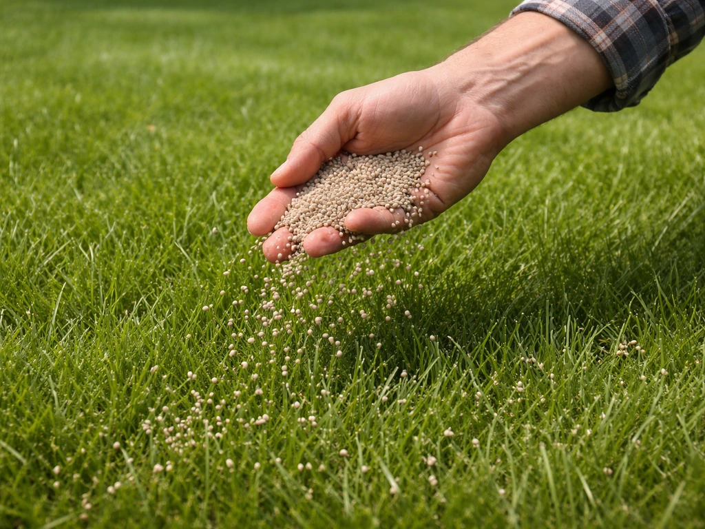 Close-up van een hand die voorjaars korrelmest gelijkmatig op groen gazon uitstrooit.