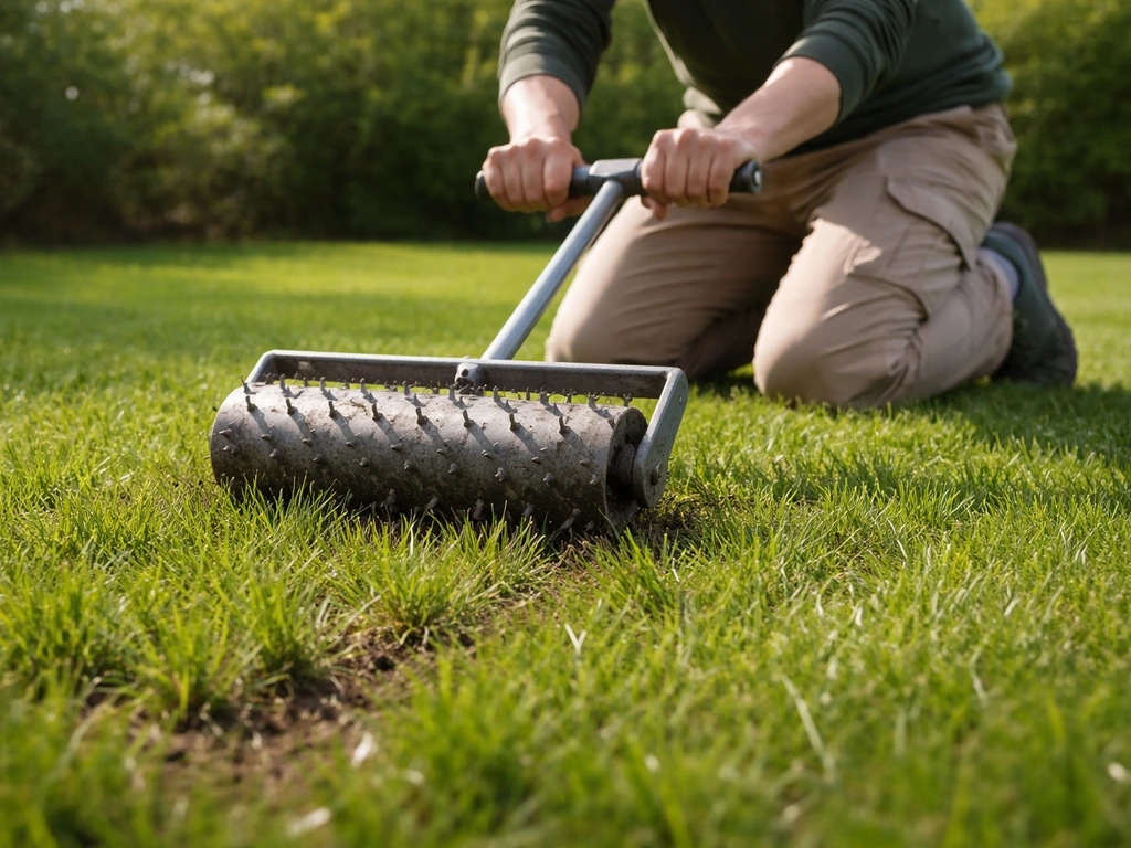 Tuinier in een gazon duwt een prikrol in het gras; bodem oogt nog licht vochtig, lentegevoel.