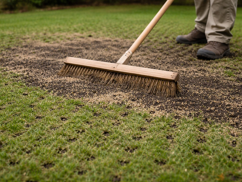 Nazorg na het verluchten: zand en compost worden met bezem over gaten in het gras gestrooid