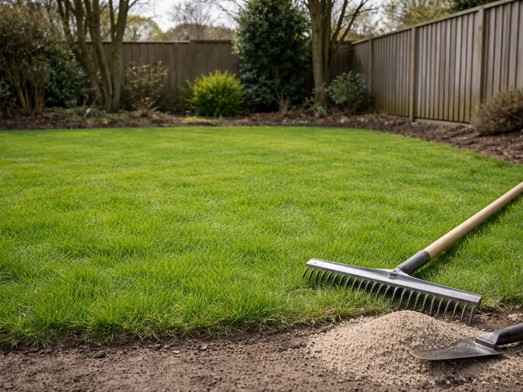 Gazon in het vroege voorjaar klaar om te verticuteren en te egaliseren, met tuingereedschap op de achtergrond