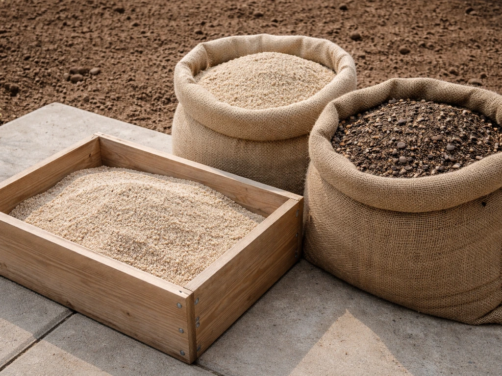 Bakken en zakken met zand en zand-compostmix voor topdressing op een tuinpad