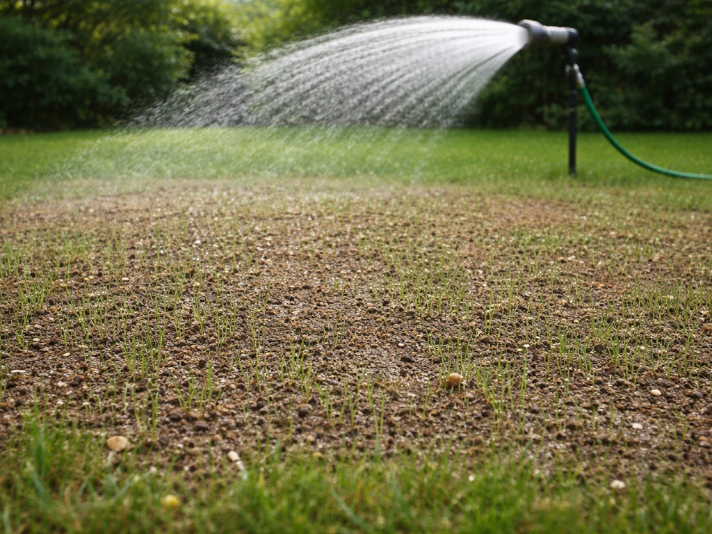 Gelijkmatige beregening van een net ingezaaid gazon met een sproeier die waterstraal verspreidt.