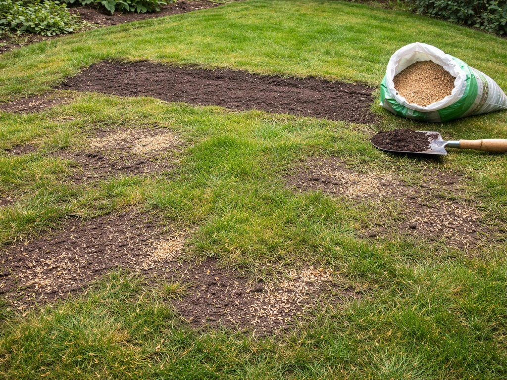 Bovenaanzicht van een dun gazon met kale plekken en graszaad, met teelaarde-mengsel klaar om bij te zaaien.