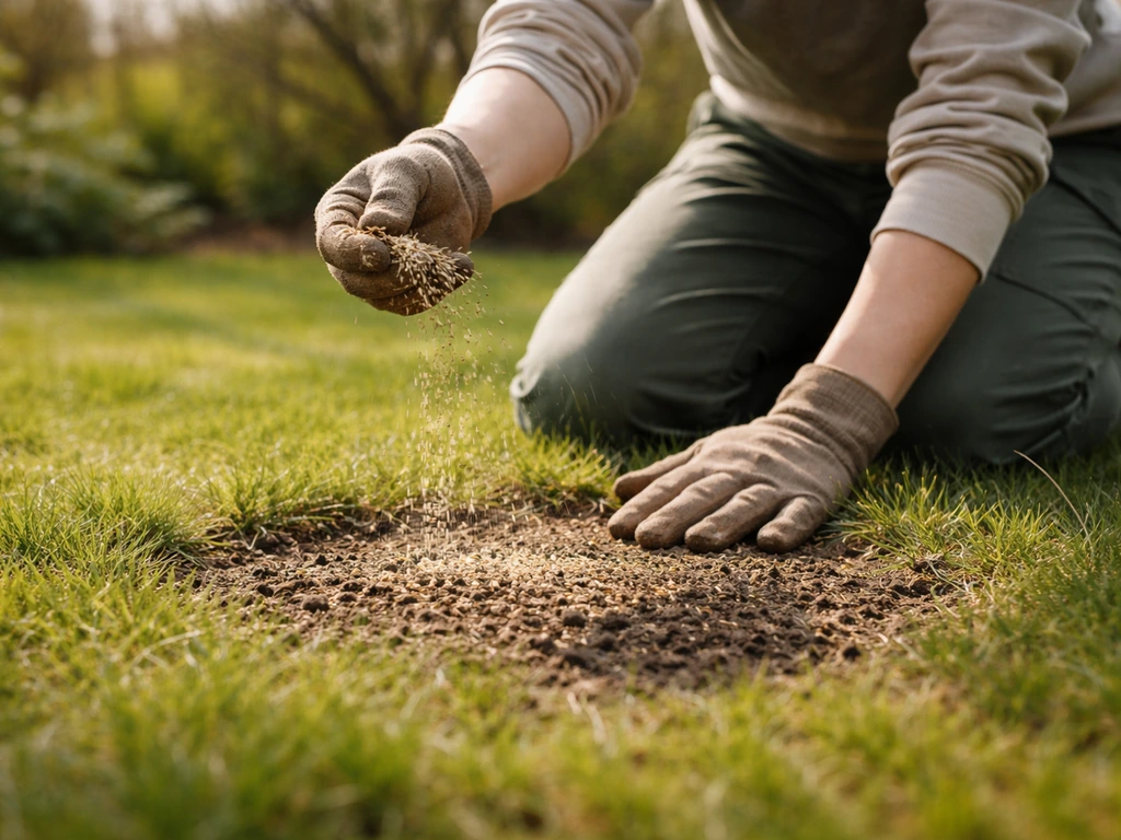 Tuinman knielt bij dun gras en zaait in het voorjaar, met gelijkmatig verlichte tuin en opgewarmde grond