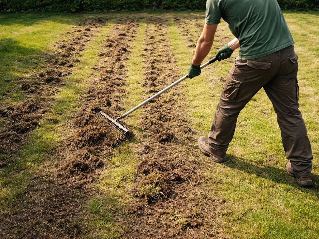 Tuinman verticuteert een gazon; zichtbaar mos en vilt verwijderd en bodem met open plekken voor bijzaaien.