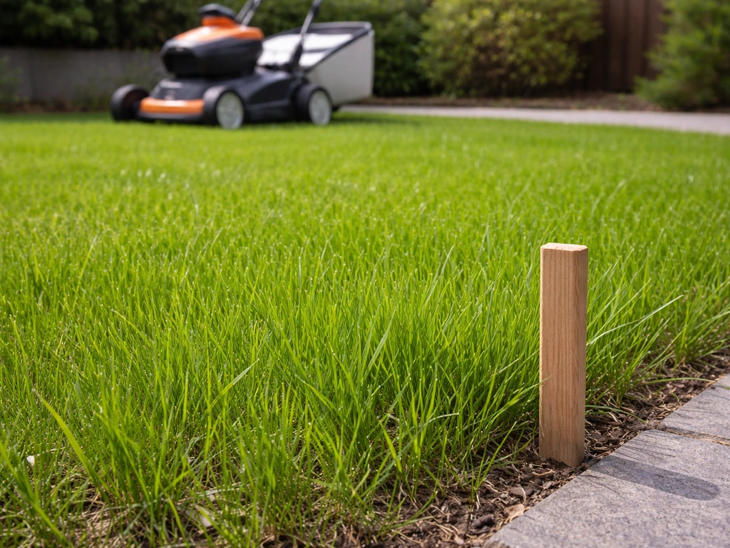 Jong groen gras na bijzaaien, met tuinmaaier klaar en ingesteld voor de eerste maaibeurt