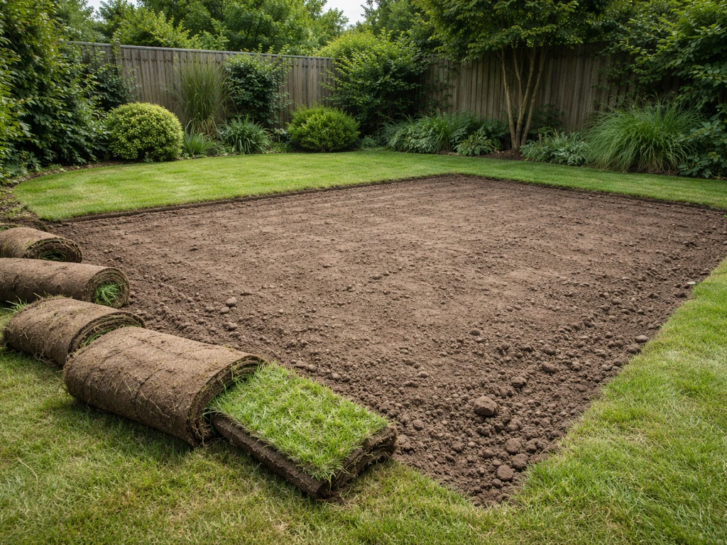 Net verwijderd gazon met losgemaakte graszoden en kale grond die klaar is voor heraanleg in de tuin.