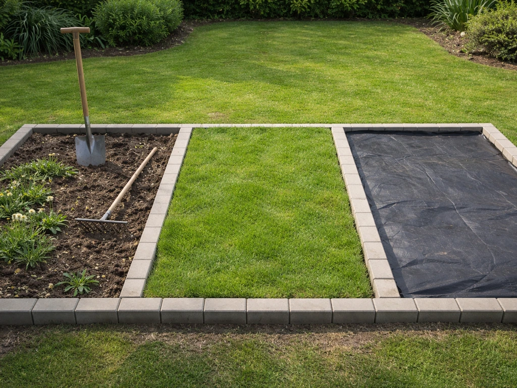 Tuin met drie kleine, gescheiden zones: afsteken/spitten, heraanleg gazon en onkruidbestrijding, overzichtelijk en rusti