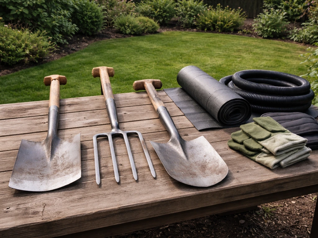 Platte spade, tuinvork en spade/bats op een werktafel bij het gras, met afvoer- en beschermmateriaal.