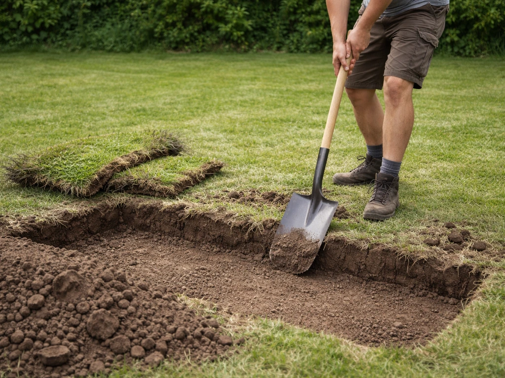 Iemand graaft met een schop een terras uit en verwijdert de graszode, met afgegraven grond rond de werkplek.