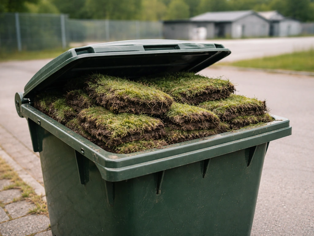 Mini-container met gestapelde afgevoerde graszoden op een oprit, met duidelijk zicht op milieustraat/afvalverwerking sfe