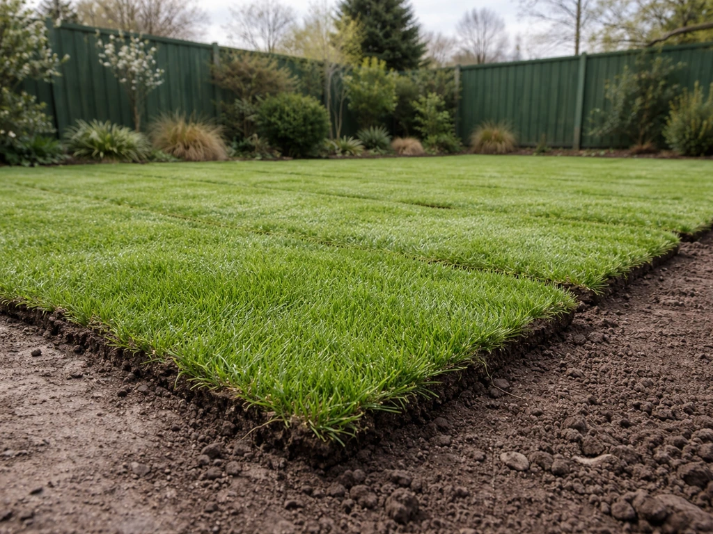 Nieuw uitgerolde gazonzoden in een Nederlandse tuin, strak naast elkaar, met zacht voorjaarslicht.