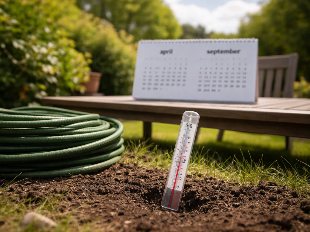 Bodemthermometer in grond bij gazonrol, met onscherpe kalender en wisselend weer in de Nederlandse tuin.