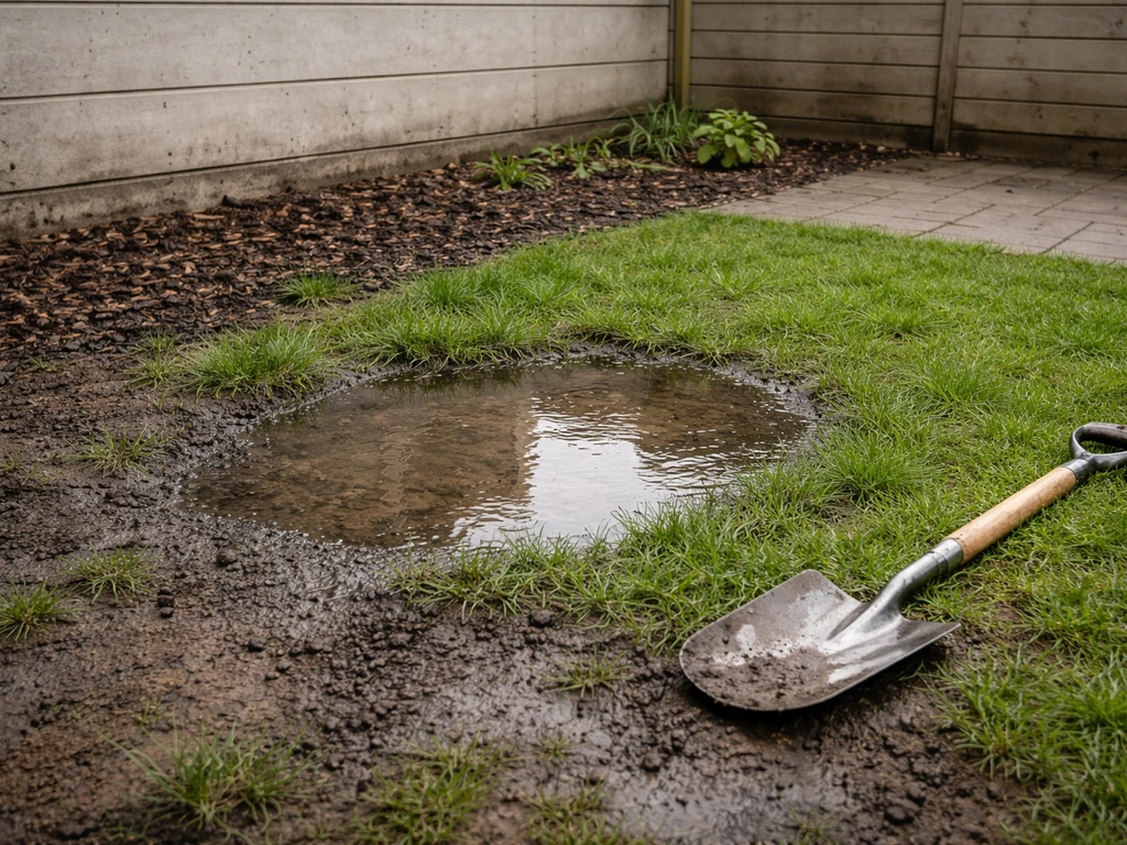 Ondiepe plas blijft staan in het gras na regen, met tuingereedschap op de grond als volgende stap.