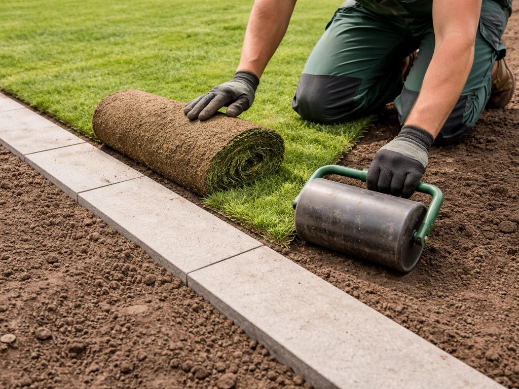 Rolgazon wordt langs een rechte terrasrand gelegd en direct aangewalst, met strakke naden zichtbaar.