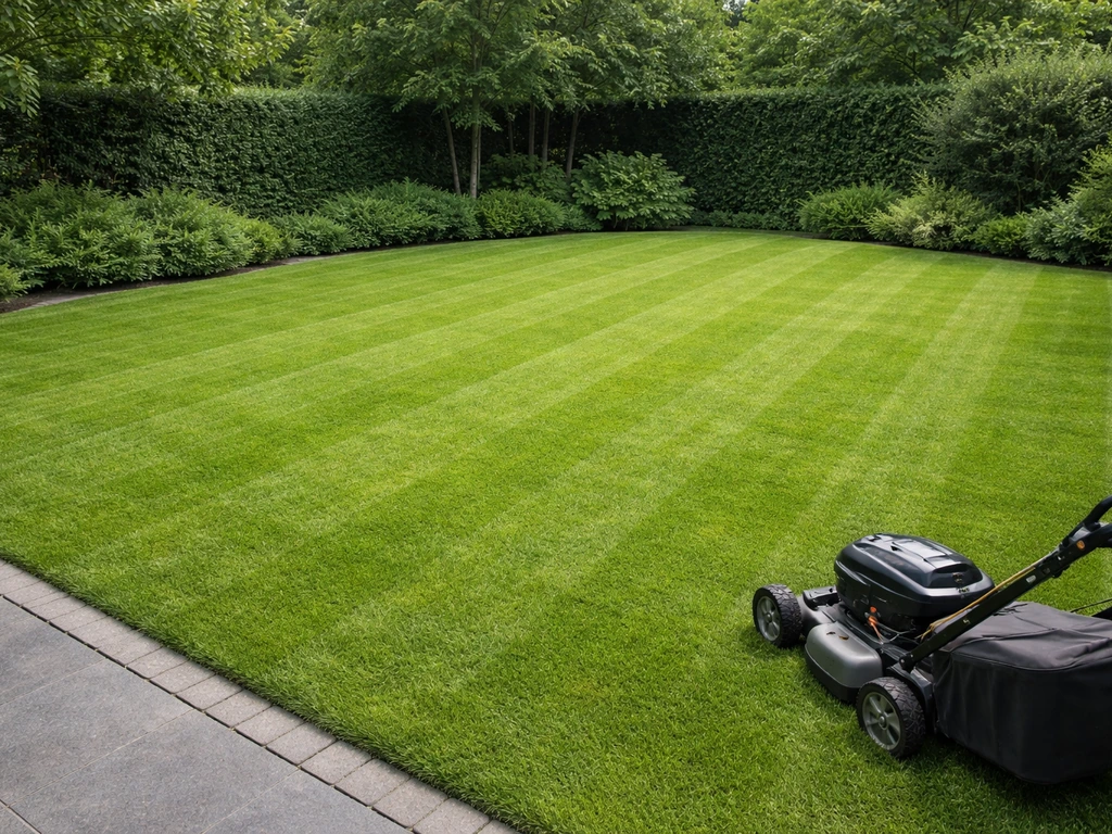 Strak kort gemaaid gazon met gelijkmatige maaisporen en een grasmaaier in een rustige tuin