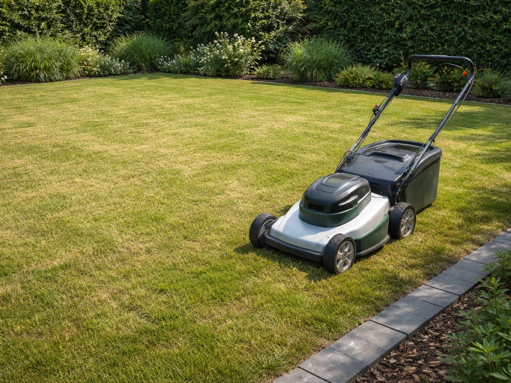 Droog bovenlaagje van groen gazon met grasmaaier naast het gras, bij helder, gematigd daglicht.